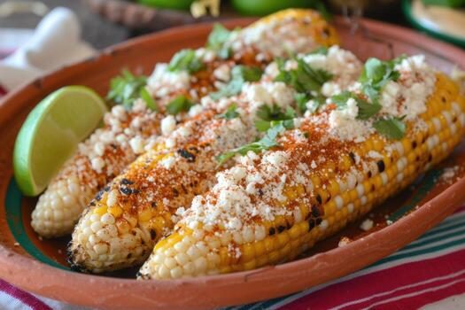 Elotes — street corn with cotija, chili, lime