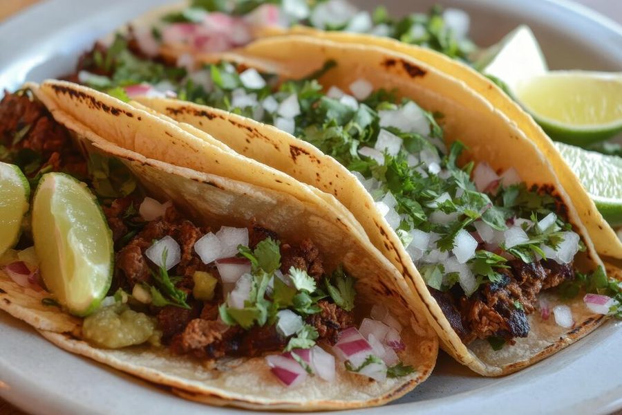 Tacos — corn tortillas, cilantro, onion, lime