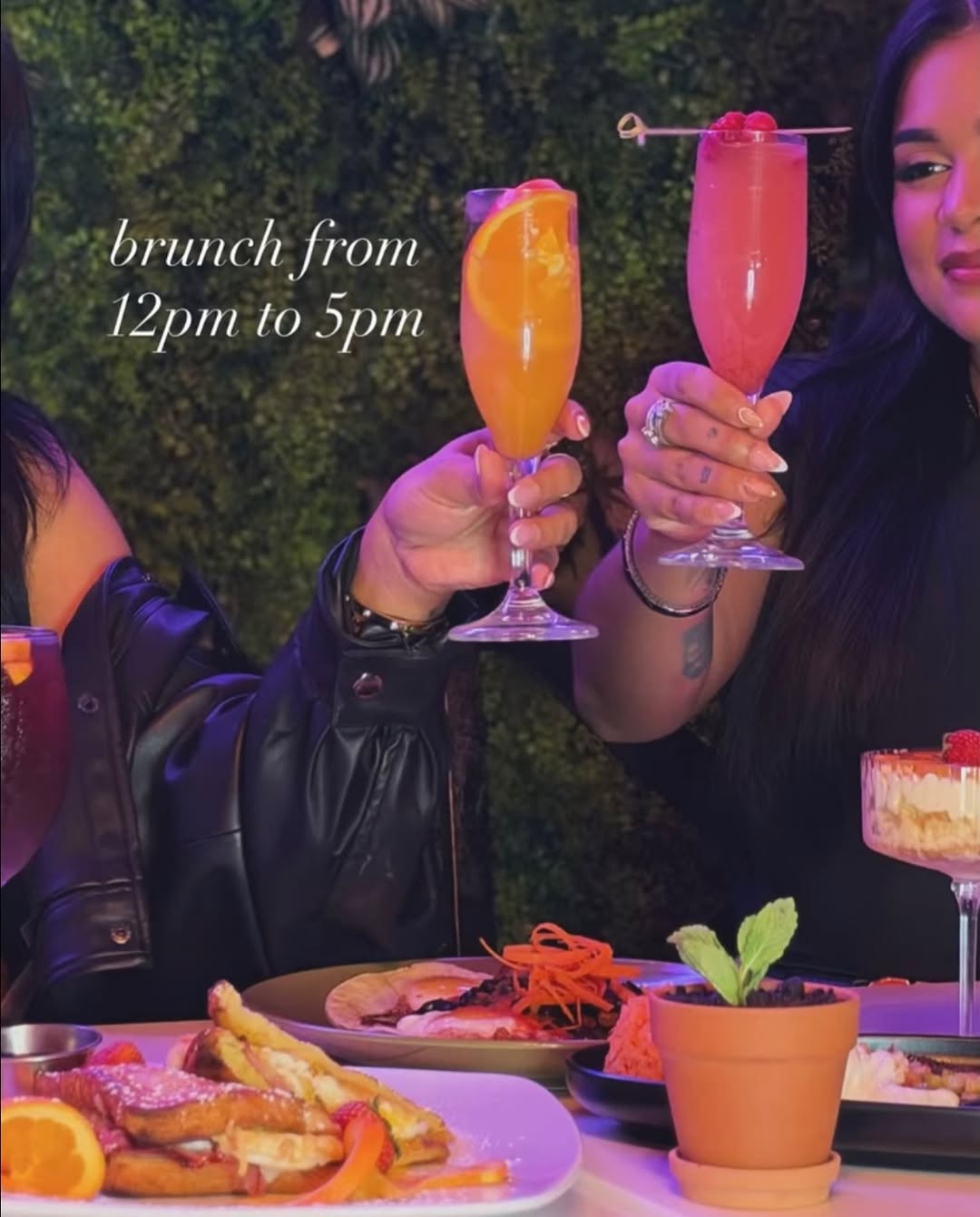 Sunday brunch at La Catrina — mimosa cheers over brunch plates