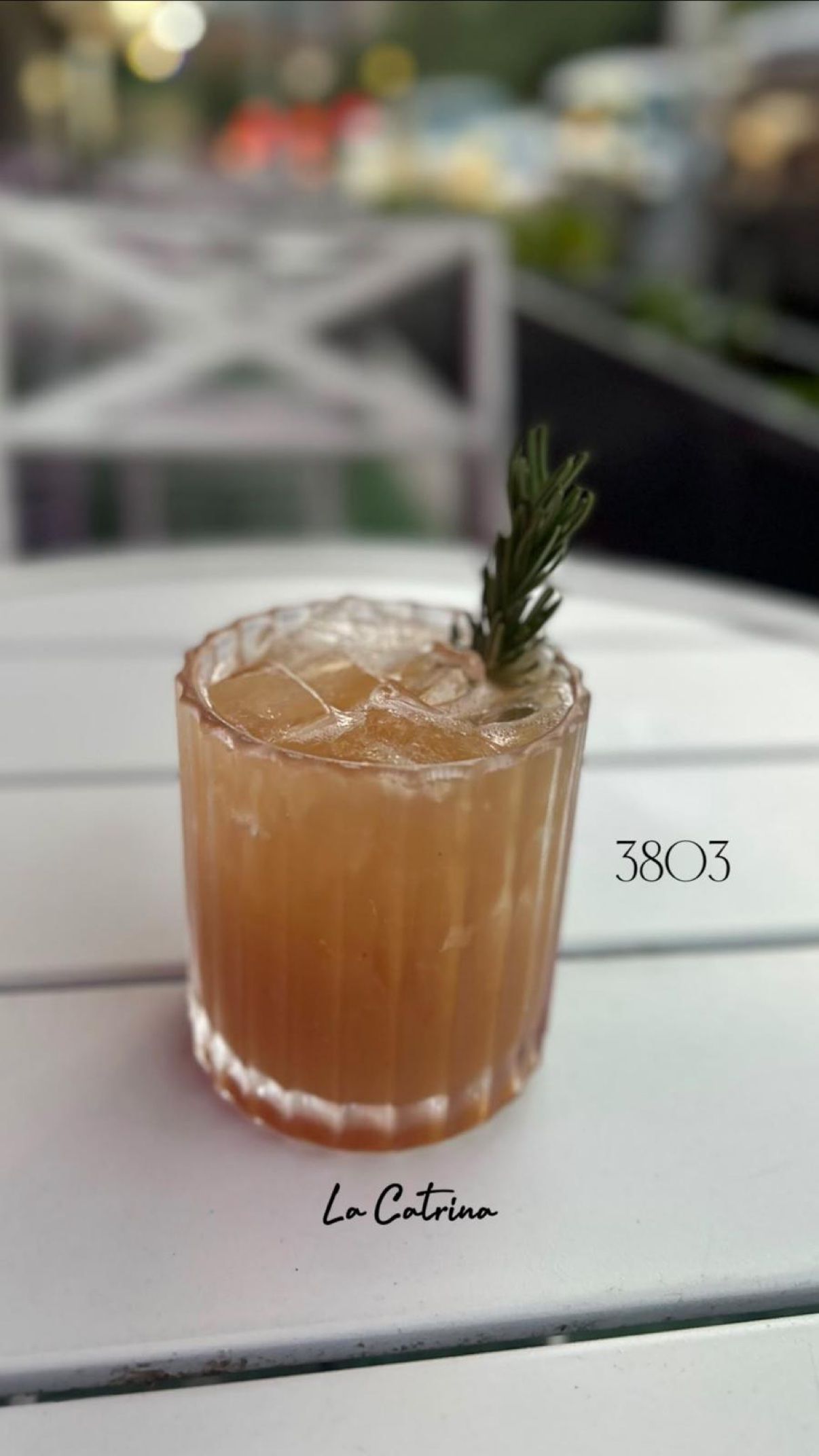 3803 — amber cocktail on the rocks with a rosemary sprig