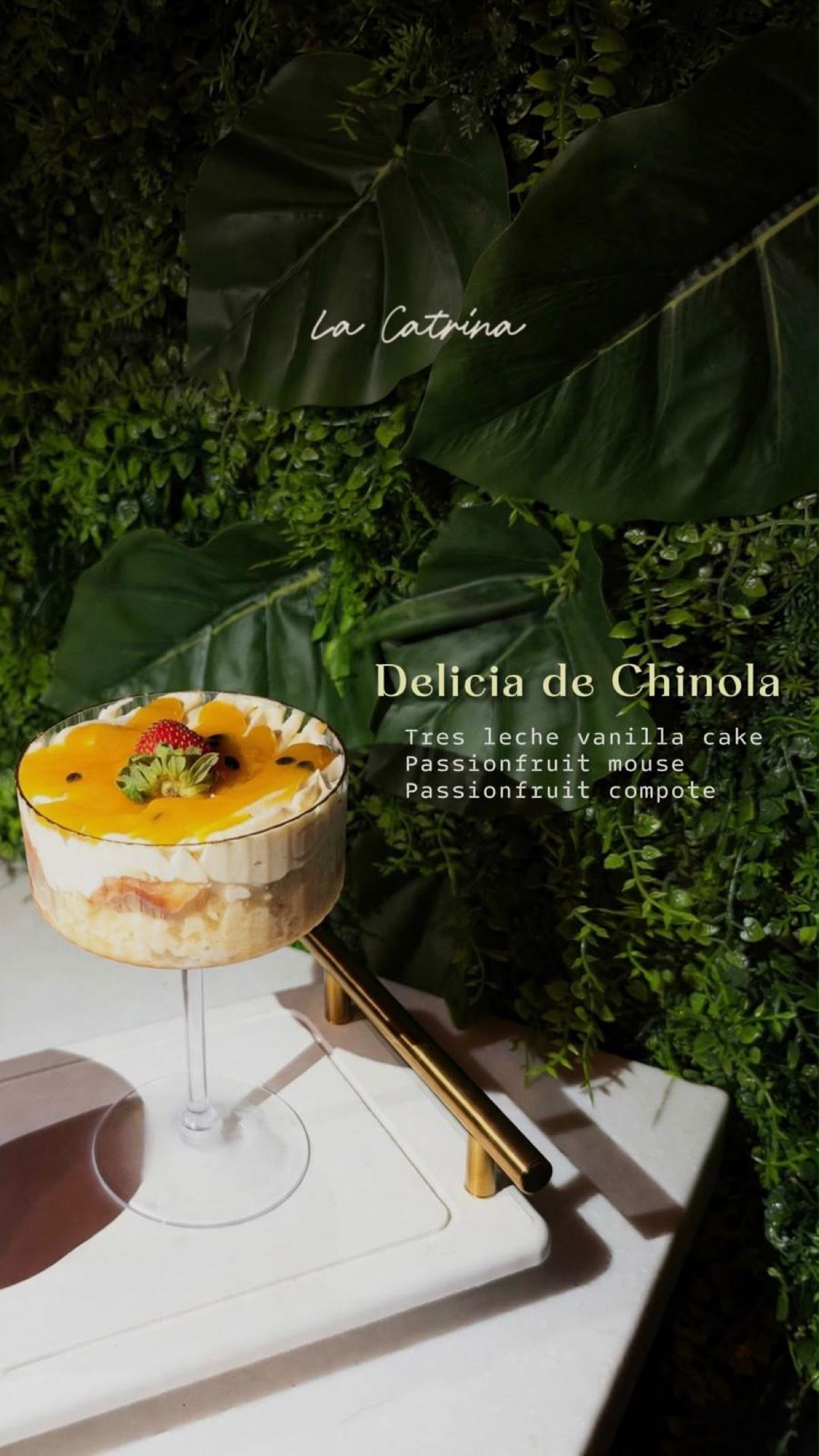 Delicia de Chinola — tres leches vanilla cake with passionfruit mousse and compote