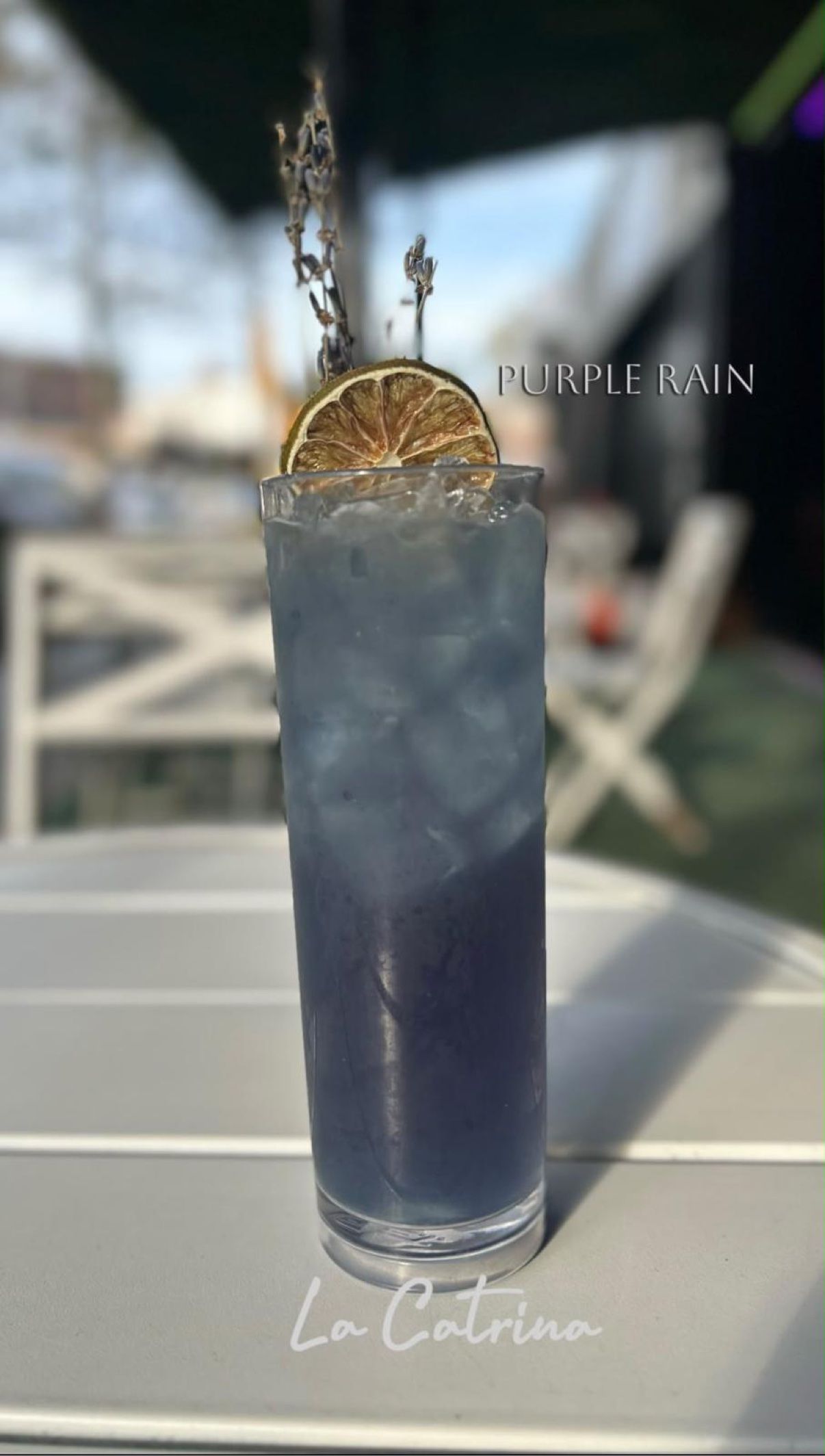 Purple Rain — tall violet cocktail with dried citrus and lavender