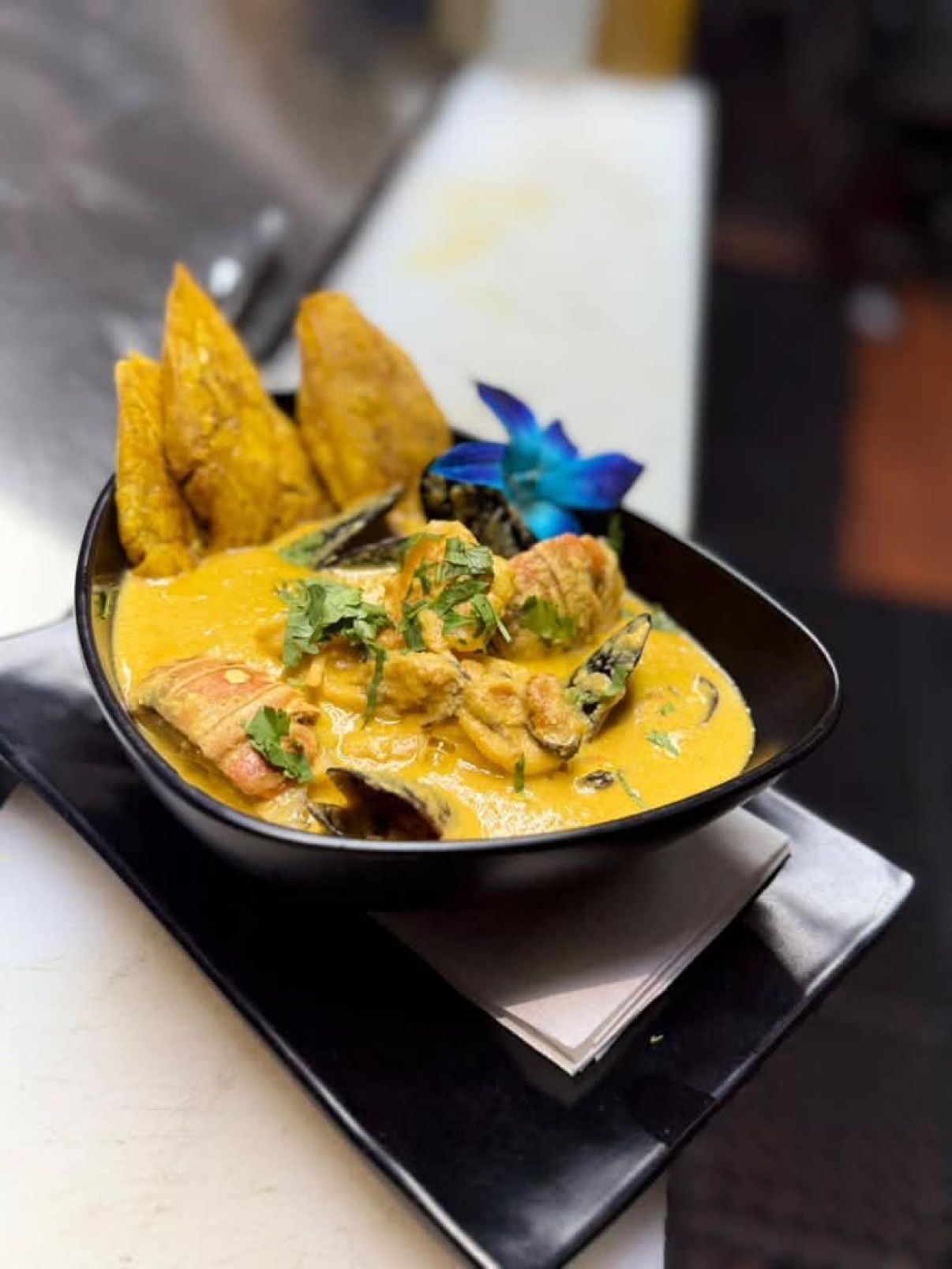 House seafood — lobster and mussels in a golden cream sauce with tostones